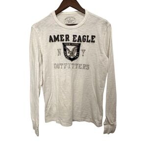 American Eagle Long Sleeve Shirt XS Cream Graphic Athletic Fit Heritage Preppy